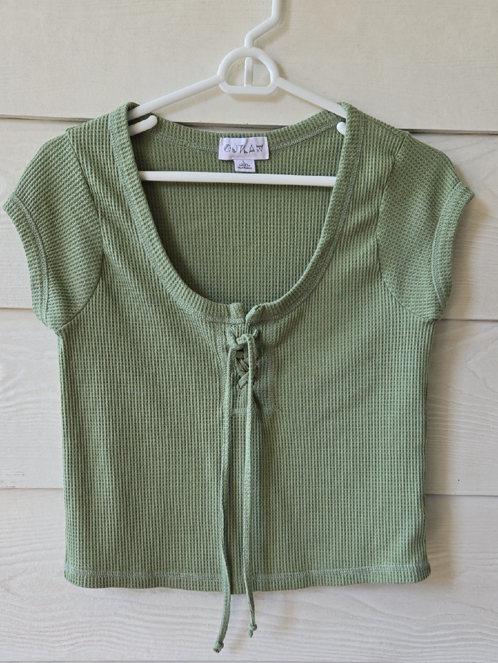 OUTLAW Sage Green Waffle Knit Lace Up Crop Top L - Picture 3 of 10